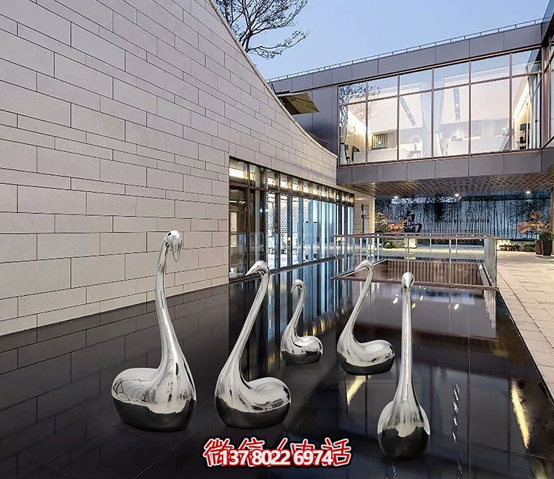 不銹鋼創(chuàng)意天鵝雕塑，鏡面水中裝飾別墅