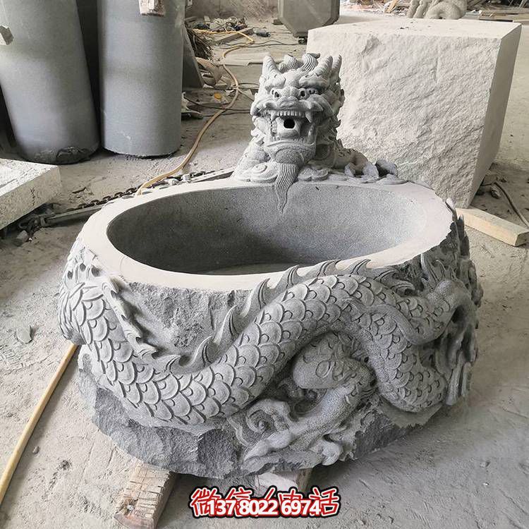 仿古石缸水缸青石龍形浮雕雕塑，為您的庭院增添一抹古樸