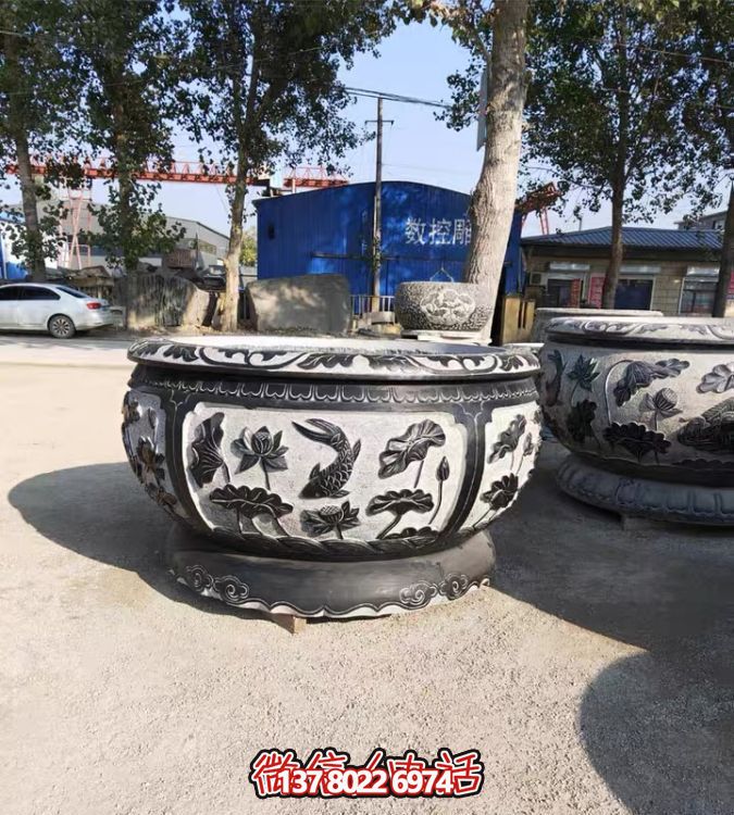 古典仿古石雕魚缸，添點家園庭院荷花水景